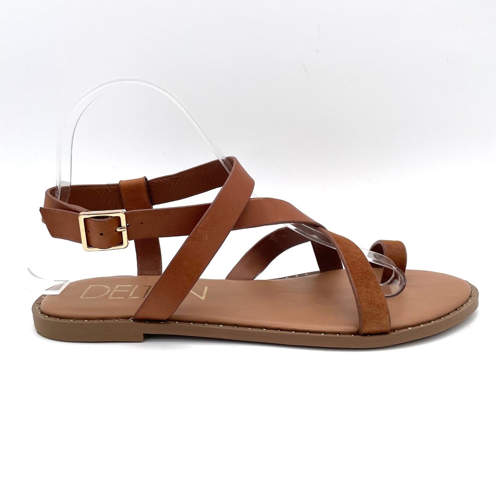 Deltan Sandals Leather Women 9 Brown Excellent Strappy Toe Loop Flat Studded